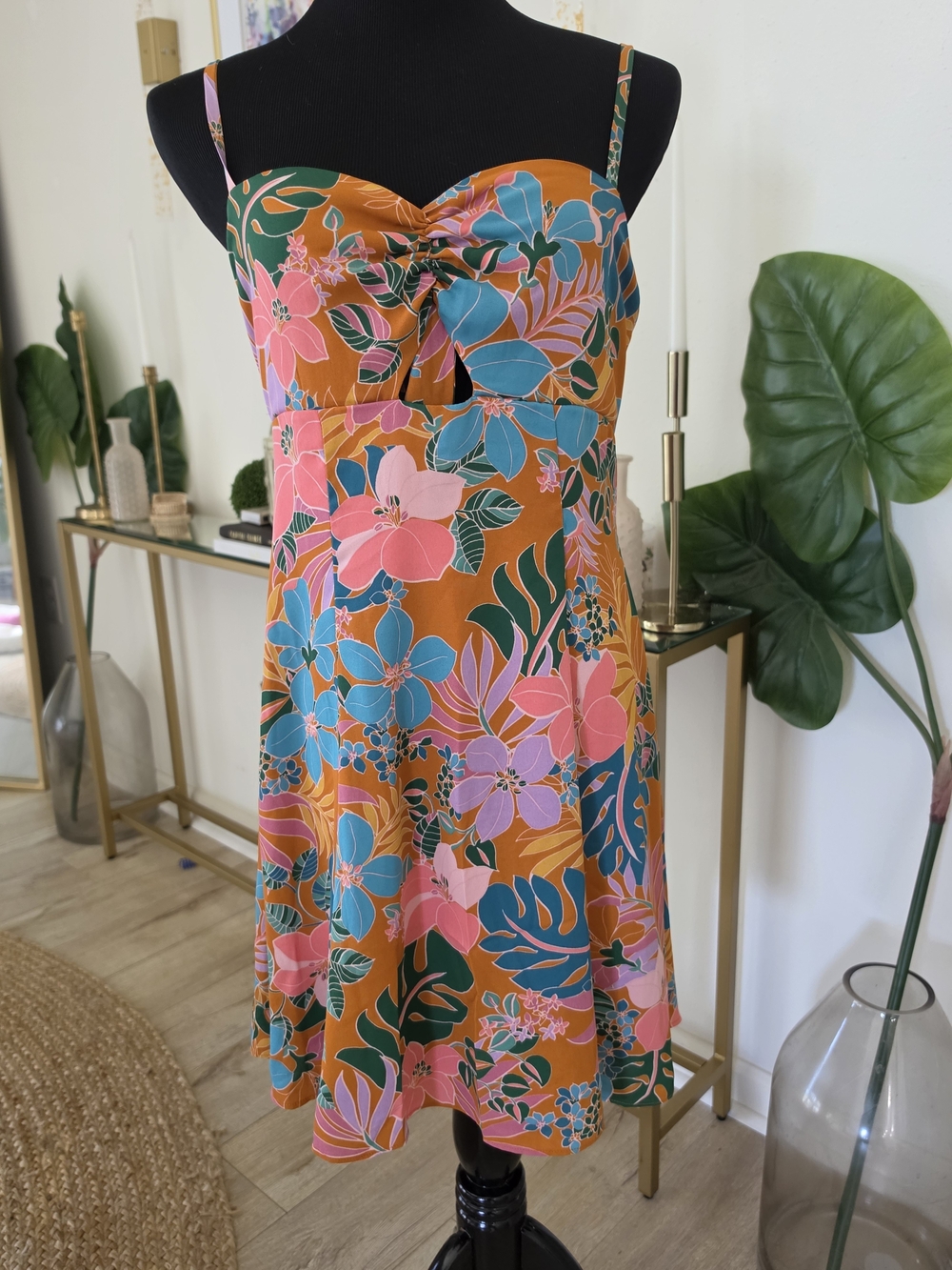 Scrunch Tie-Front Sundress in Rust Orange with Pink & Teal Floral Design